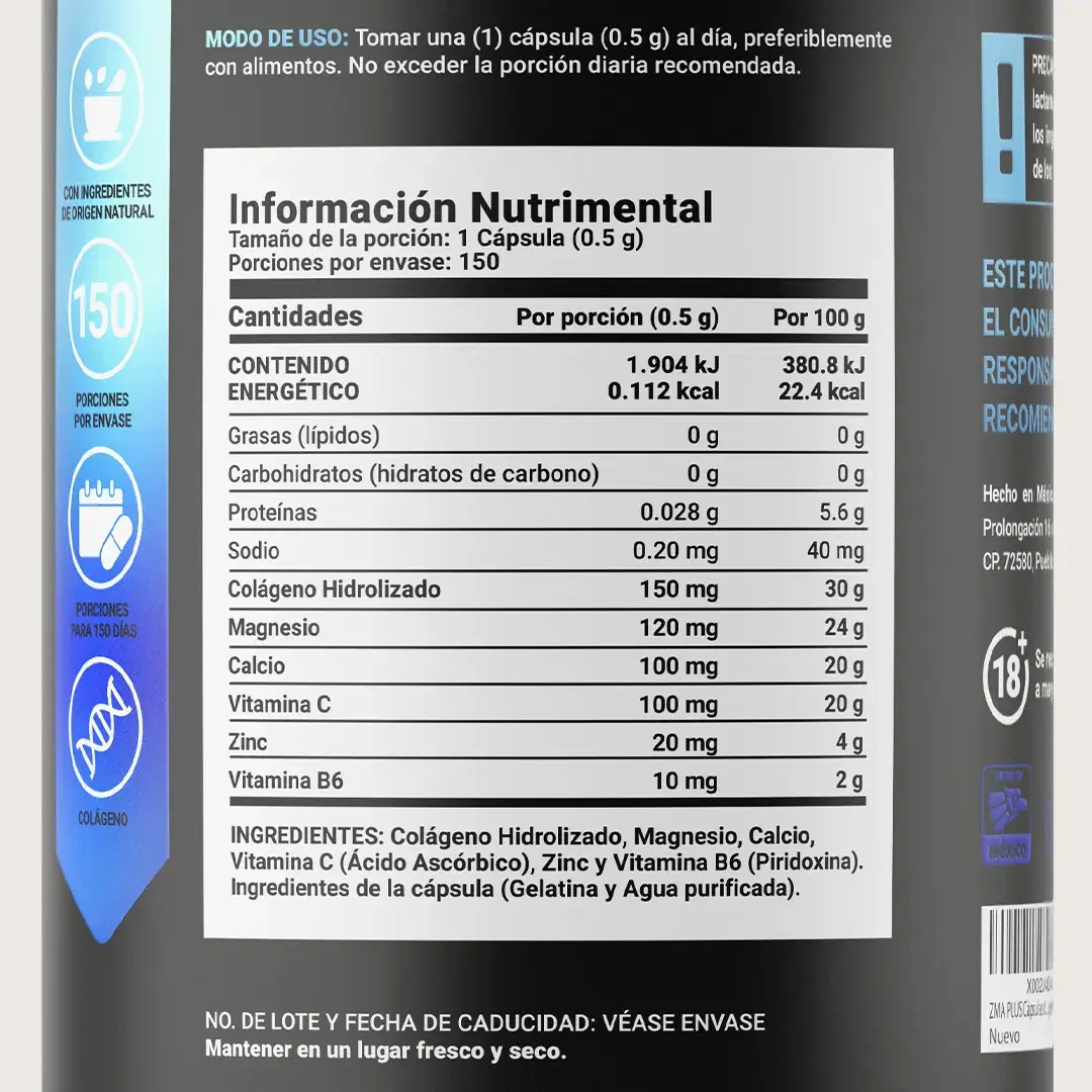 Imagen de Mezcla de Zinc | con Magnesio, Vitamina C, Colágeno Hidrolizado, Vitamina B6 y Calcio | 150 cápsulas